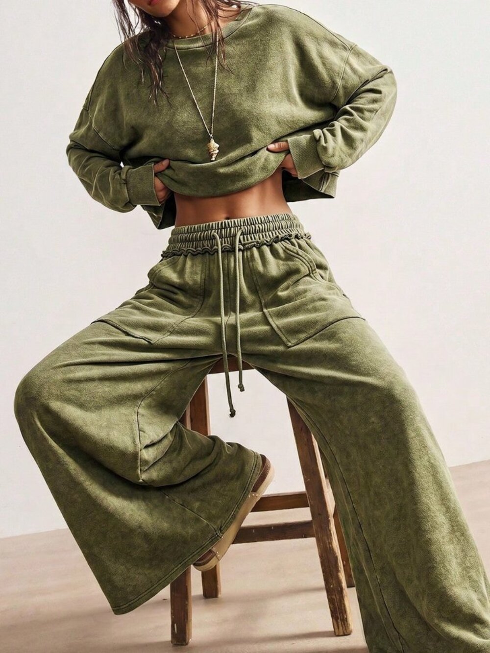 Olive Green Casual Women's Knit Sweatshirt & Mid-Waist Wide Leg Pants Set